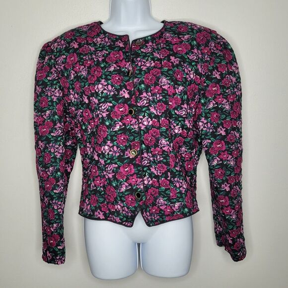 Vintage 80s 90s black purple grunge floral button front quilted jacket size L - Picture 1 of 7